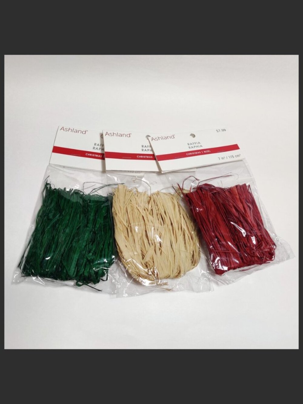 3 Packages Christmas Raffia by Ashland - Green, Natural, Red - 7 cu. in. each